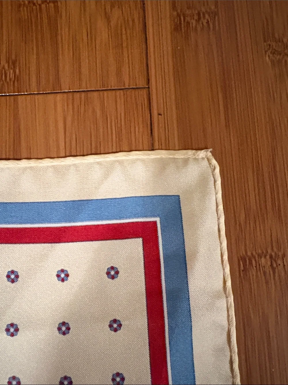 Dior Vintage Cream Silk Pocket Square with Blue and Red Border 15” X 15”